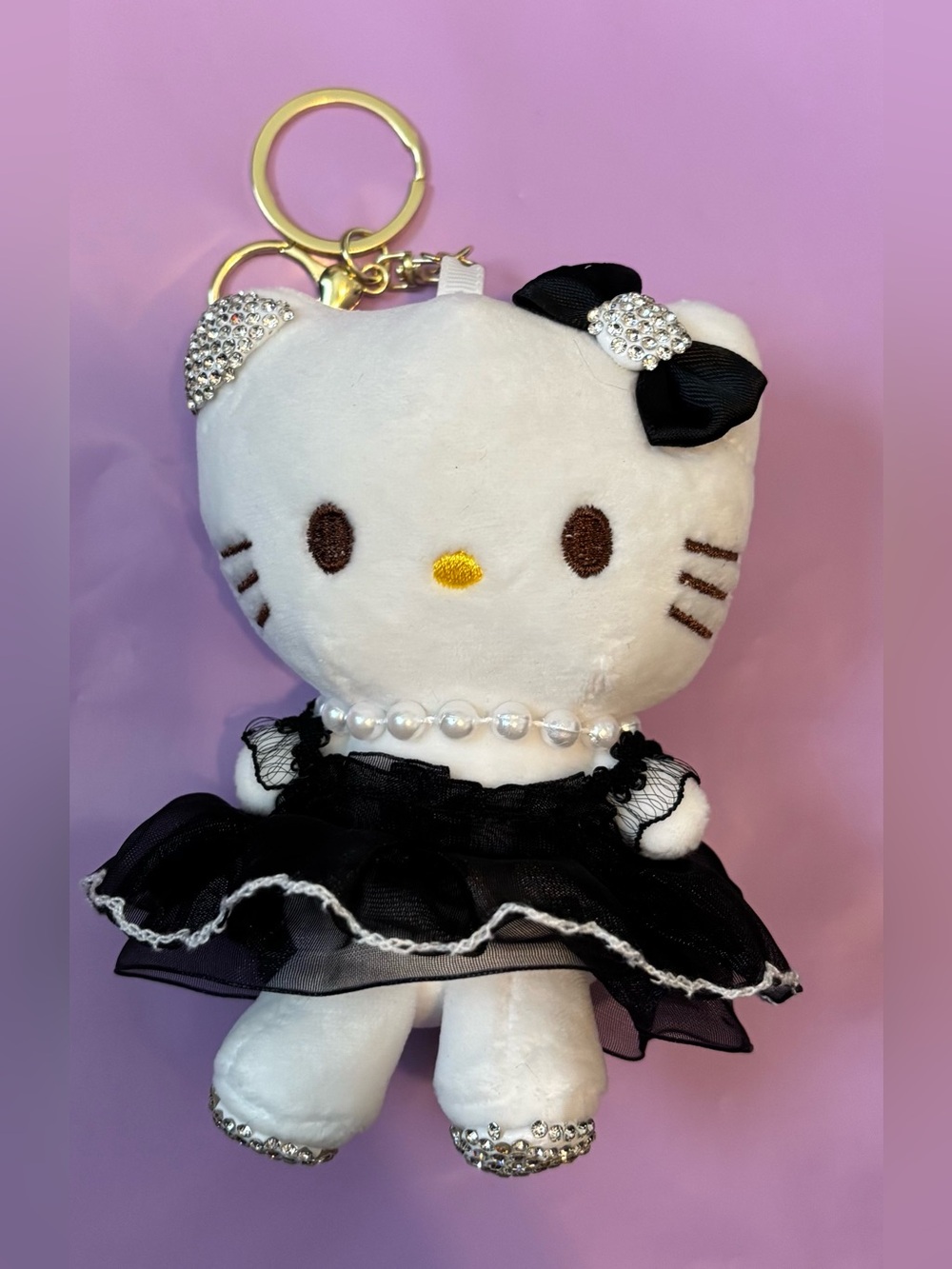 Plush Hello Kitty Keychain with Black Tulle Skirt and Pearl Necklace